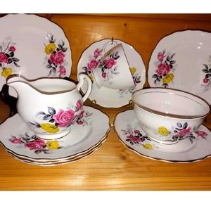 Vintage Royal Vale Bone China Set Pink Roses with Bread Plates, Teacup & Saucers